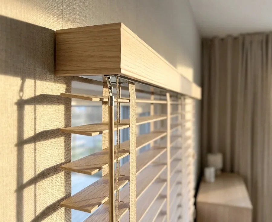 Timber venetian blind headrail and cord mechanism being serviced in a Cornwall Hill home