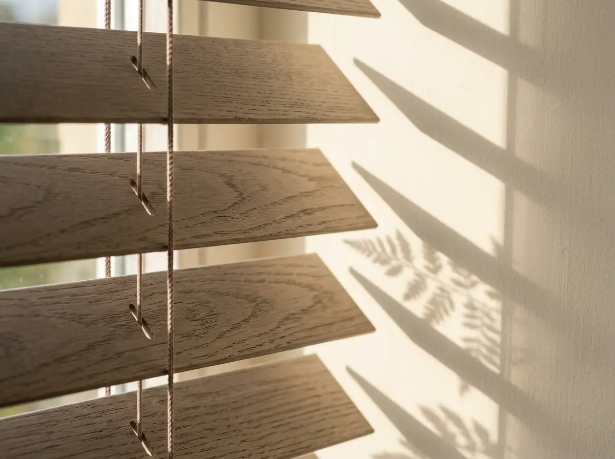 Close-up of timber venetian blind slats and cord ladder in warm afternoon light