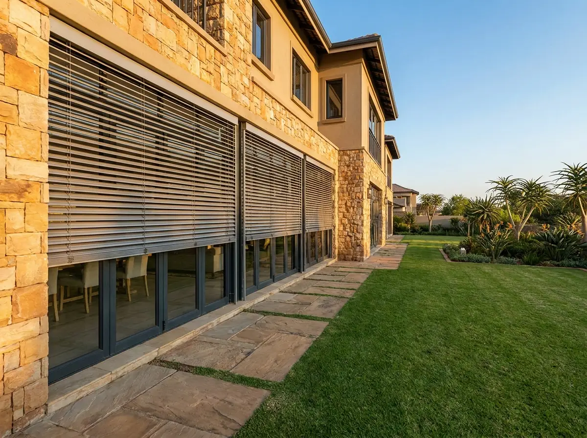 External venetian blinds on a Cornwall Hill home facade, viewed from the garden