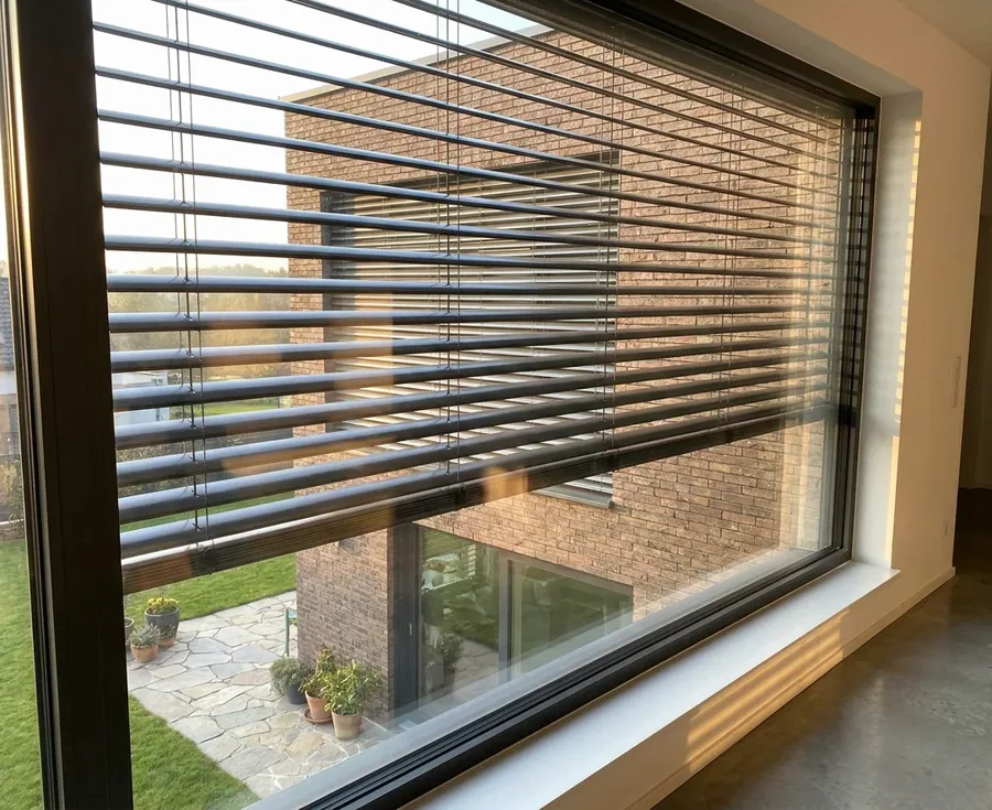 External venetian blind — horizontal aluminium slats mounted outside a large window, seen from indoors
