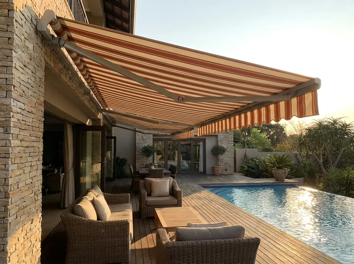 Folding-arm awning extended over a poolside deck at a Cornwall Hill home