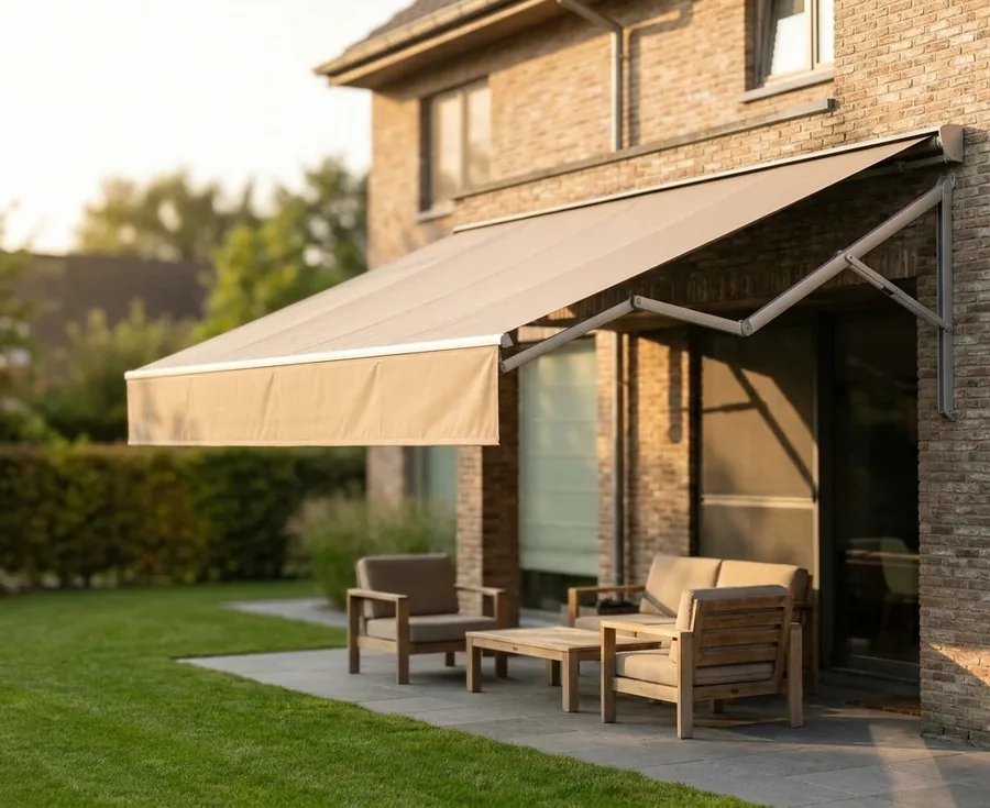 Folding-arm awning — fabric canopy extended on articulated arms over a patio seating area
