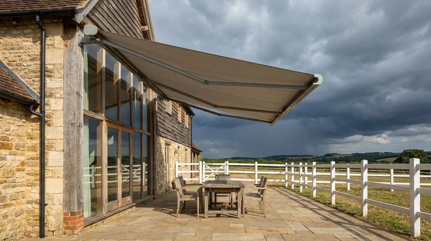 A folding-arm awning fully extended on its articulated arms over a stone-paved Cornwall Hill stoep beside a double-volume glazed wall, an outdoor table beneath it, white post-and-rail paddock fencing and a dark Highveld thunderstorm building on the horizon