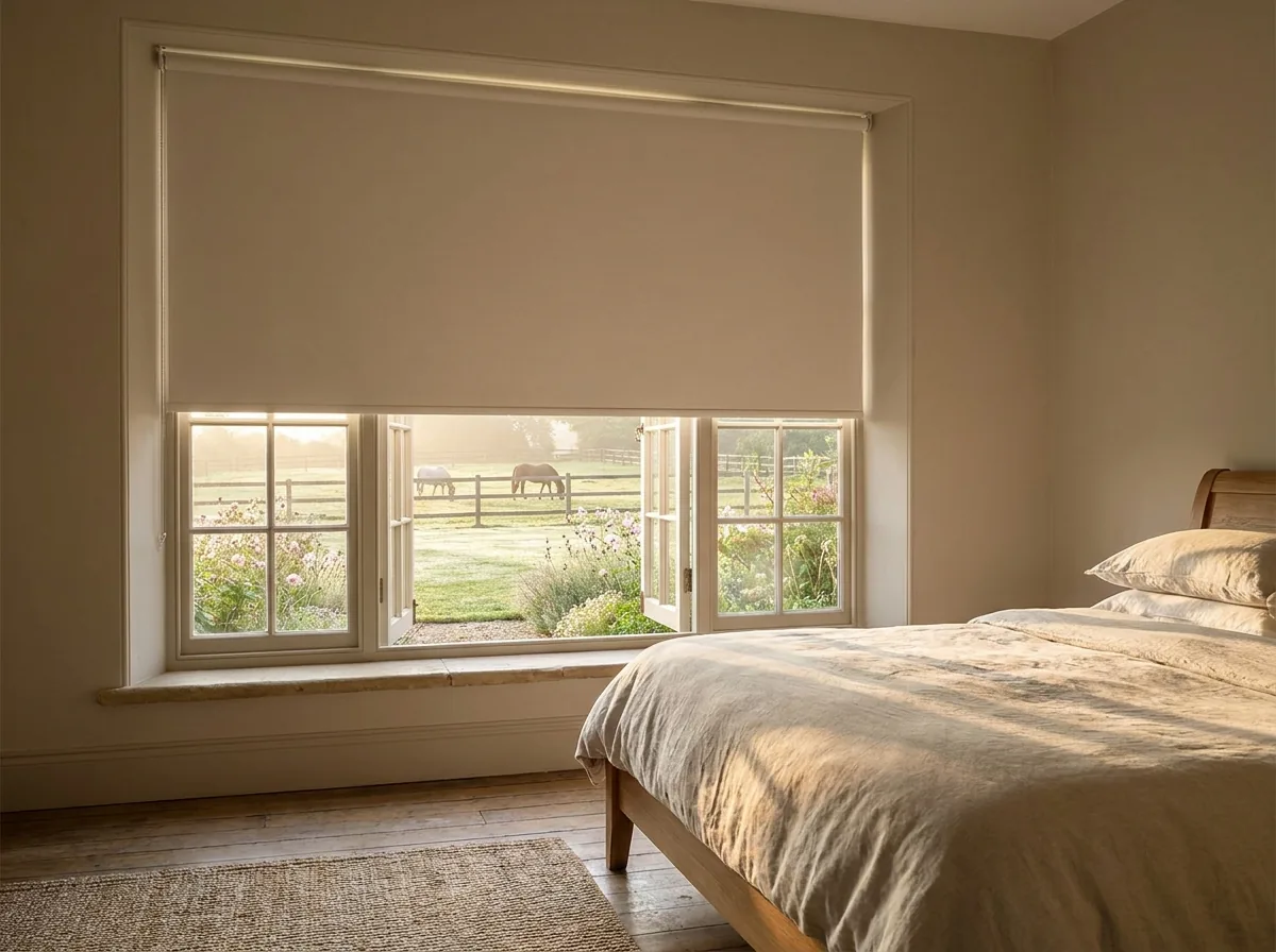 A single smooth flat blockout roller blind, one seamless opaque sheet on a tube with no folds or slats, lowered half-way over an east-facing Cornwall Hill bedroom window at sunrise, with horses in a misty paddock and an open garden beyond