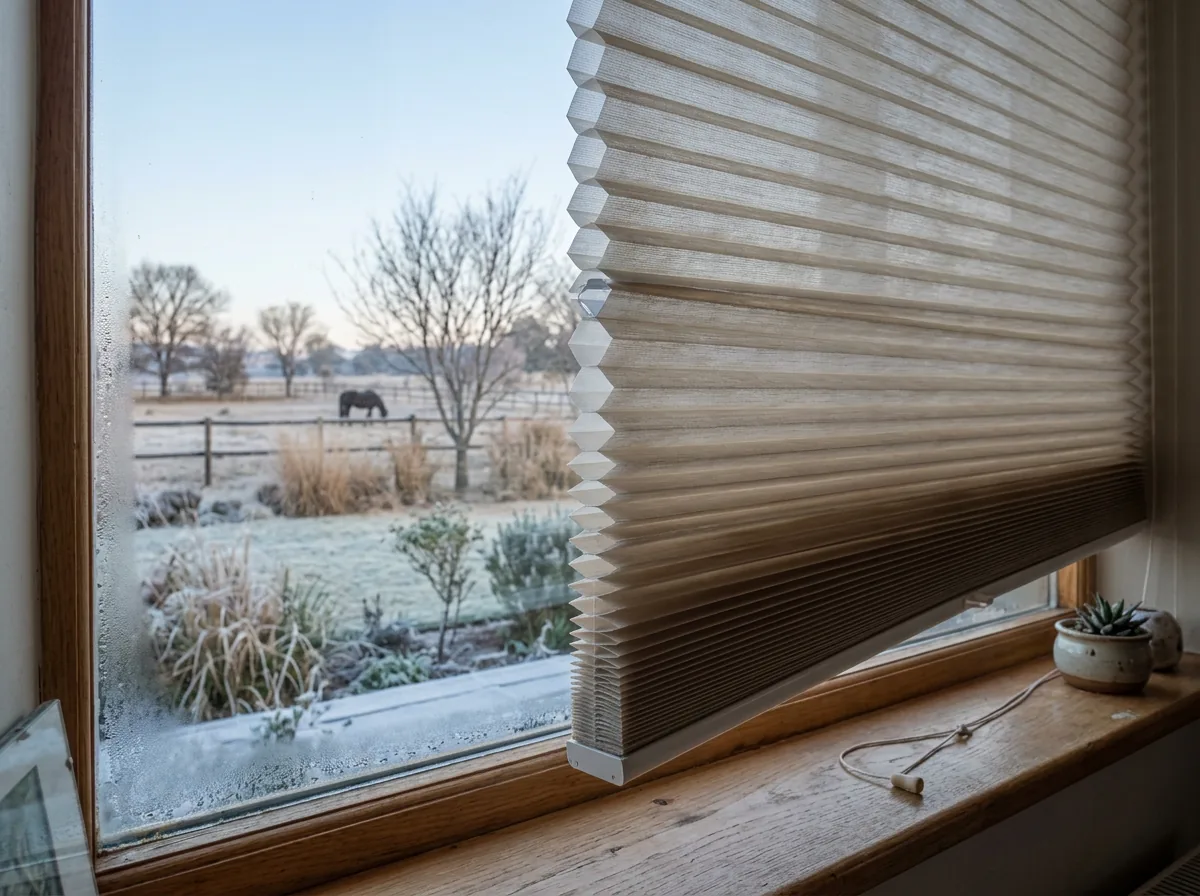 Close view of a cellular honeycomb blind half raised at a window, its concertina of hexagonal air cells clearly visible edge-on between two fabric faces, with a frosted winter garden, bare trees and a horse in a paddock beyond the glass