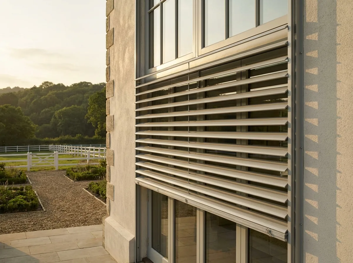 External venetian blind mounted outside a west-facing window of a rendered Cornwall Hill estate home, wide aluminium slats held in slim side guide rails and tilted against a low late-afternoon sun, with white post-and-rail paddock fencing and a wooded hillside beyond
