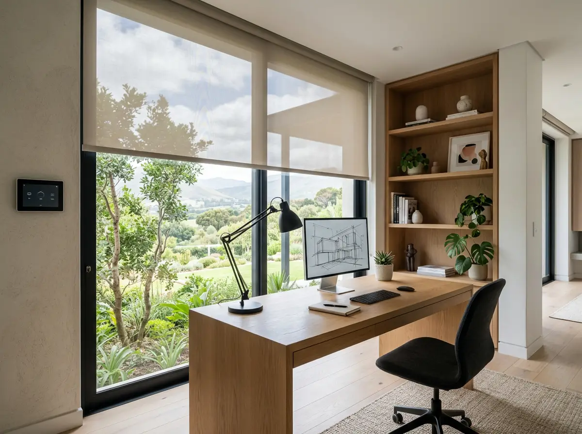 Motorised roller blind and smart control panel in a Cornwall Hill home office