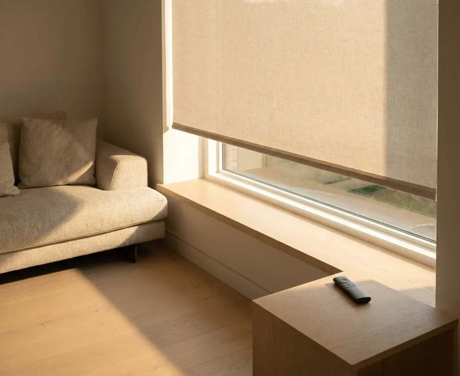 Motorised roller blind lowered over a wide window, remote control on the side table