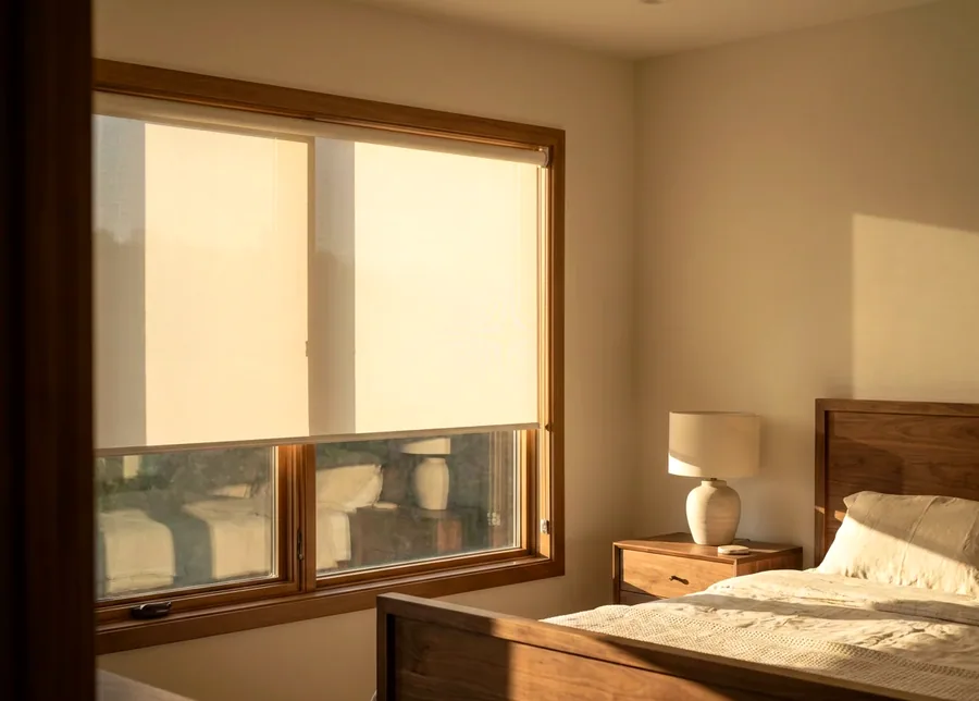 Sunscreen roller blind — a single smooth fabric sheet half-lowered on a timber-framed bedroom window