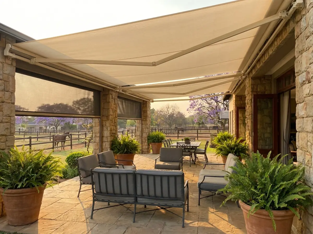 Entertaining terrace shaded by a retractable awning and drop screens, paddocks visible beyond, Cornwall Hill